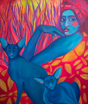 Peinture intitulée ""Blue Cats"" par Oksana Chumakova, Œuvre d'art originale, Acrylique