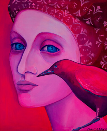 Painting titled "Pink Bird" by Oksana Chumakova, Original Artwork, Acrylic Mounted on Wood Stretcher frame