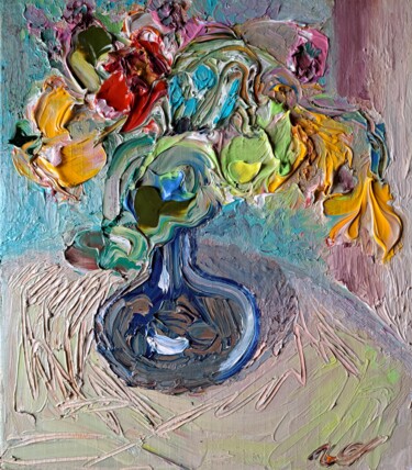 Картина под названием "Ваза с настурцией и…" - Oksana Golichenkova, Подлинное произведение искусства, Масло Установлен на Де…