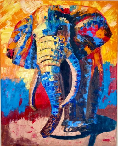 Painting titled "Elephant Oil Painti…" by Oksana Harris, Original Artwork, Oil