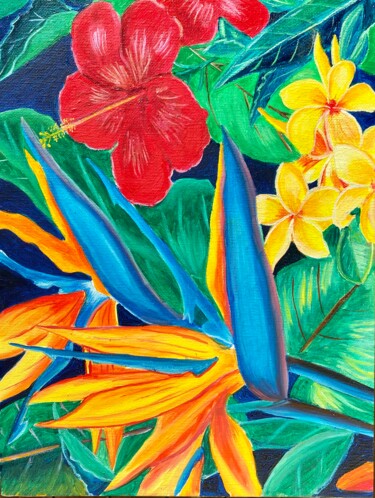 Pittura intitolato "Hawaiian Flowers, O…" da Oksana Harris, Opera d'arte originale, Olio