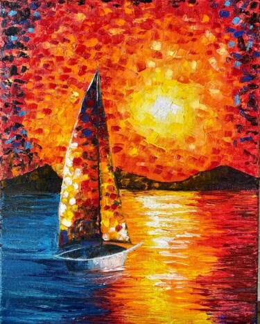 Ζωγραφική με τίτλο "Sailboat painting o…" από Oksana Harris, Αυθεντικά έργα τέχνης, Λάδι