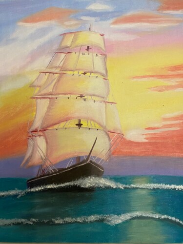 Pintura titulada "Sailboat Original P…" por Oksana Harris, Obra de arte original, Oleo