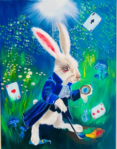 Pintura intitulada "White rabbit Origin…" por Oksana Harris, Obras de arte originais, Óleo