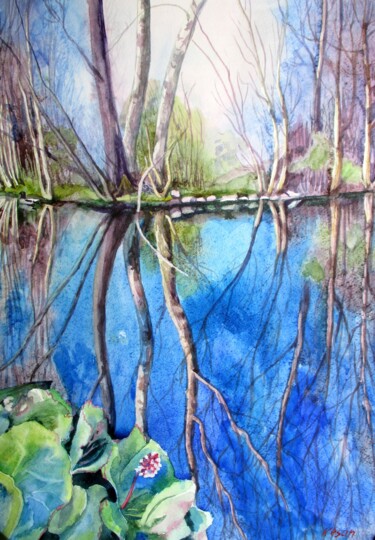 Painting titled "Сrystal pond" by Oksana Khyzhniak, Original Artwork, Watercolor