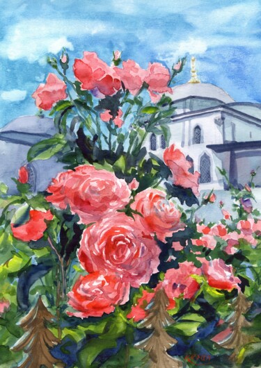 Malerei mit dem Titel "Roses near Blue Mos…" von Oksana Khyzhniak, Original-Kunstwerk, Aquarell