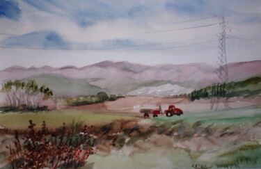 Malerei mit dem Titel "Red tractor. Bursa" von Oksana Khyzhniak, Original-Kunstwerk, Aquarell