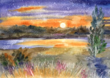 Painting titled "Sunset on river" by Oksana Khyzhniak, Original Artwork, Watercolor