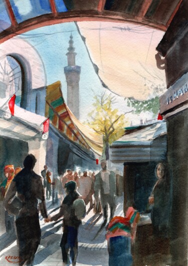 Schilderij getiteld "Turkish bazaar. Sun…" door Oksana Khyzhniak, Origineel Kunstwerk, Aquarel