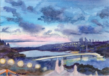 Painting titled "Night Istanbul" by Oksana Khyzhniak, Original Artwork, Watercolor