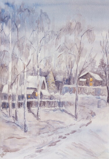 Картина под названием "Зимний вечер" - Оксана Кулабухова, Подлинное произведение искусства, Акварель