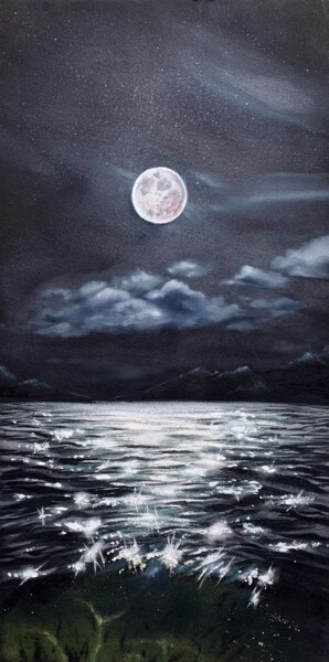 Dibujo titulada "Moon on water" por Oksana Kuzmina (Soult), Obra de arte original, Acuarela