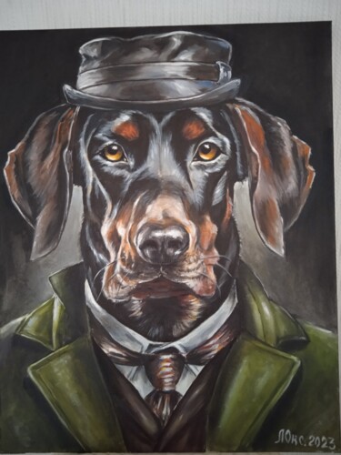 Картина под названием "Пес в шляпе" - Оксана Литовкина, Подлинное произведение искусства, Масло
