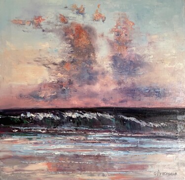 Painting titled "Sunset" by Oksana Lukonina, Original Artwork, Oil Mounted on Wood Stretcher frame