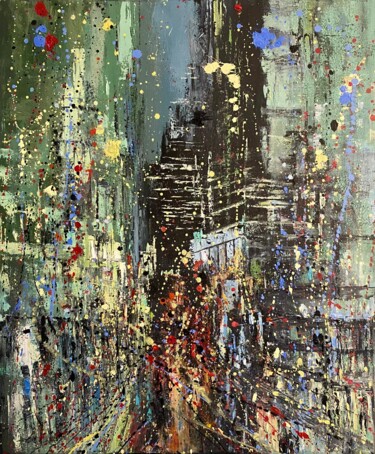 Painting titled "Big city lights3" by Oksana Lukonina, Original Artwork, Oil Mounted on Wood Stretcher frame