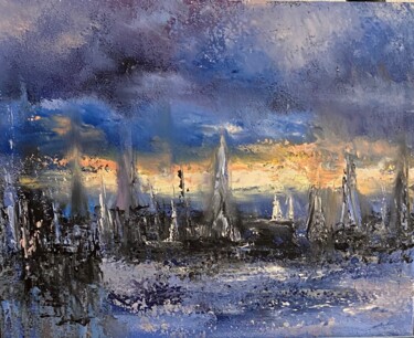 Schilderij getiteld "Sunset on the sea" door Oksana Lukonina, Origineel Kunstwerk, Olie