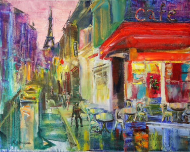 Картина под названием "Вечернее кафе в Пар…" - Оксана Мацик (Oriyana), Подлинное произведение искусства, Масло