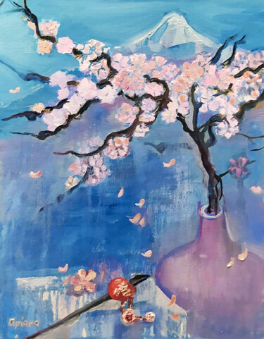 Картина под названием "Экибана с сакурой" - Оксана Мацик (Oriyana), Подлинное произведение искусства, Масло