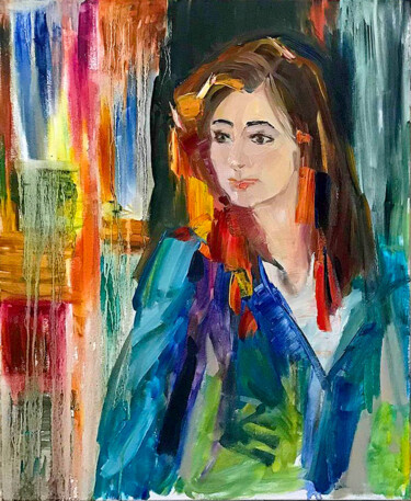 Картина под названием "Портрет в радужных…" - Оксана Мацик (Oriyana), Подлинное произведение искусства, Масло