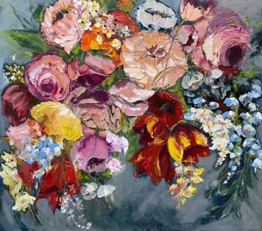 Peinture intitulée "FLORAL PARADISE- or…" par Oksana Petrova, Œuvre d'art originale, Huile