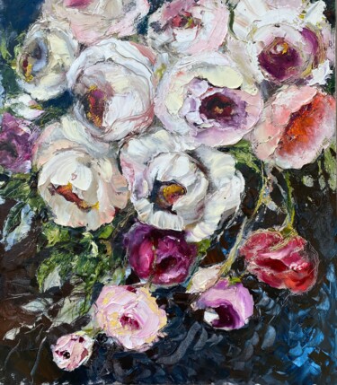 Painting titled "LOVELY ROSES - orig…" by Oksana Petrova, Original Artwork, Oil Mounted on Wood Stretcher frame