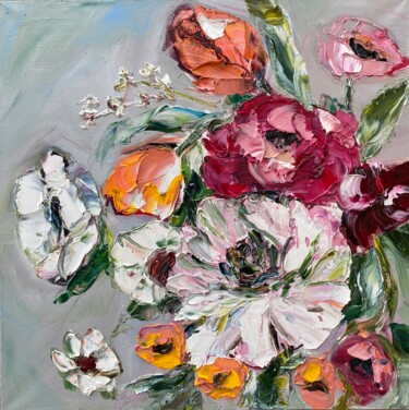 Painting titled "FLORAL SPRING- orig…" by Oksana Petrova, Original Artwork, Oil Mounted on Wood Stretcher frame