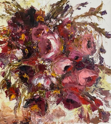 Painting titled "FLORAL MESS" by Oksana Petrova, Original Artwork, Oil Mounted on Wood Stretcher frame