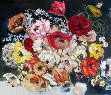 Painting titled "FLOWERS ON BLACK" by Oksana Petrova, Original Artwork, Oil Mounted on Wood Stretcher frame