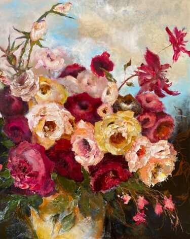 Painting titled "ROSES in the clouds" by Oksana Petrova, Original Artwork, Oil