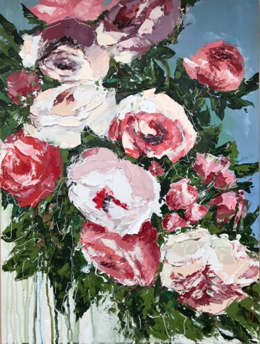 Painting titled "More roses - origin…" by Oksana Petrova, Original Artwork, Oil Mounted on Wood Stretcher frame