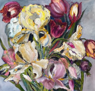 Картина под названием "Irises-original pai…" - Oksana Petrova, Подлинное произведение искусства, Масло Установлен на Деревян…