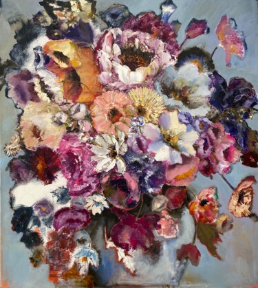 Painting titled "AUTUMN FLOWERS" by Oksana Petrova, Original Artwork, Oil Mounted on Wood Stretcher frame