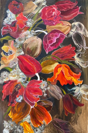 Malerei mit dem Titel "RED FLORAL DANCE -…" von Oksana Petrova, Original-Kunstwerk, Öl