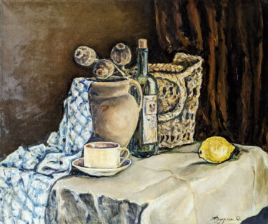 Painting titled "Still life with Lem…" by Oksana Pidgurs Ka, Original Artwork, Oil Mounted on Wood Stretcher frame