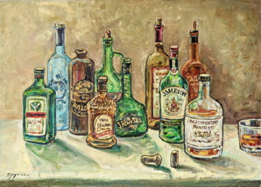 Painting titled "Whiskey Relax" by Oksana Pidgurs Ka, Original Artwork, Oil Mounted on Cardboard
