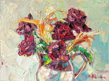 Malerei mit dem Titel "Velvet Roses" von Oksana Pidgurs Ka, Original-Kunstwerk, Öl Auf Keilrahmen aus Holz montiert