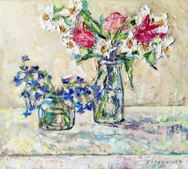 Painting titled "Spring flowers" by Oksana Pidgurs Ka, Original Artwork, Oil Mounted on Wood Stretcher frame