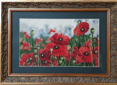 Textile Art titled "Маковое поле" by Oksana Riabova, Original Artwork, Embroidery Mounted on Wood Stretcher frame