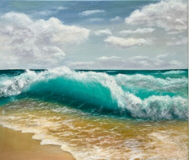 Painting titled "Mediterranean Waves" by Oksana Salminen, Original Artwork, Oil Mounted on Wood Stretcher frame