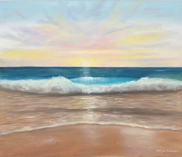Painting titled "Sunset at Mediterra…" by Oksana Salminen, Original Artwork, Oil Mounted on Wood Stretcher frame