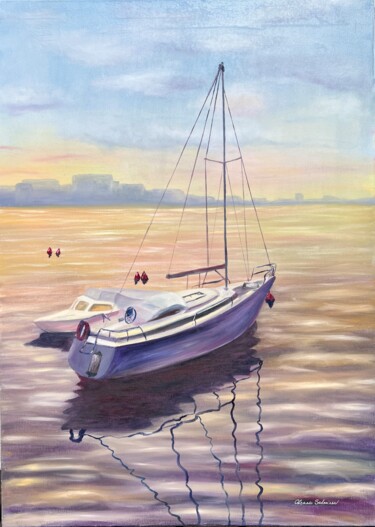 Malarstwo zatytułowany „Sailboats at Sunset” autorstwa Oksana Salminen, Oryginalna praca, Olej Zamontowany na Drewniana rama…