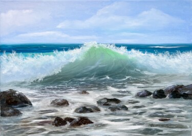 제목이 "Wave and Rocks"인 미술작품 Oksana Salminen로, 원작, 기름 나무 들것 프레임에 장착됨