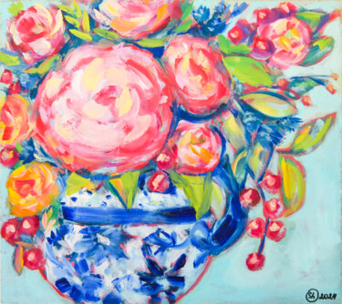 Malerei mit dem Titel "Preppy Floral Wall…" von Oksana Shevchenko, Original-Kunstwerk, Öl