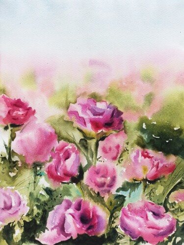 Malerei mit dem Titel "Flower field, Origi…" von Oksana Shkrebets, Original-Kunstwerk, Aquarell