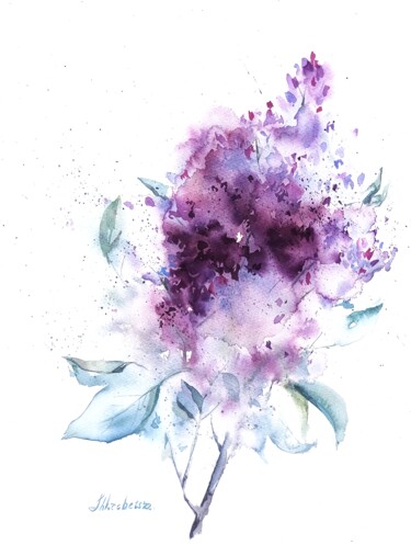 Malerei mit dem Titel "Lilac branch, Origi…" von Oksana Shkrebets, Original-Kunstwerk, Aquarell