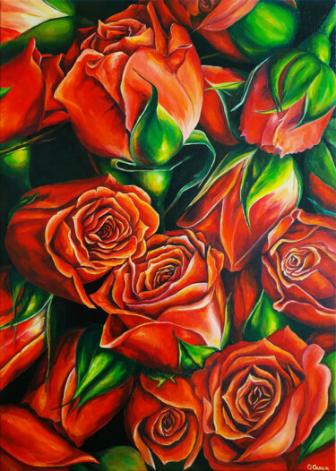 Painting titled "Roses" by Oksana Sklym, Original Artwork, Oil Mounted on Wood Stretcher frame