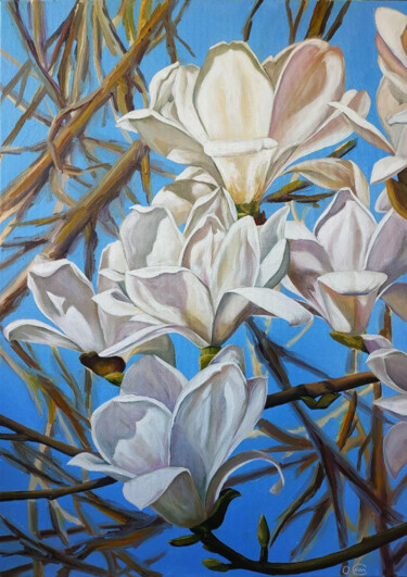 Painting titled "White magnolias" by Oksana Sklym, Original Artwork, Oil Mounted on Wood Stretcher frame