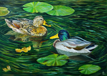 Pintura titulada "Swimming ducks" por Oksana Sklym, Obra de arte original, Oleo Montado en Bastidor de camilla de madera