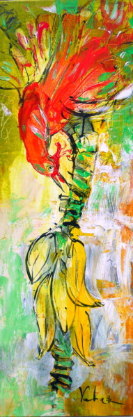 Painting titled "Banana Eater" by Oksana Veber, Original Artwork, Acrylic Mounted on Wood Stretcher frame