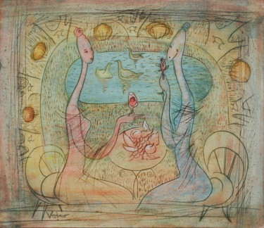 Pittura intitolato "At the lakeside" da Oksana Veber, Opera d'arte originale, Olio